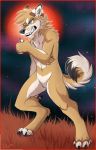  2016 4_toes anthro black_lips black_nose blue_eyes canid canine canis citrinelle digital_media_(artwork) digitigrade domestic_dog fur male mammal night nude outside simple_background solo tan_fur tan_hair toes 