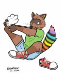  black_nose blue_eyes bottomwear brown_fur clothing dakotasoftpaw footwear fur legwear mammal multicolored_tail procyonid raccoon rainbow rainbow_tail shirt shoes shorts socks topwear whiskers white_clothing white_legwear white_socks 