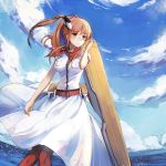  1girl anchor blue_eyes blue_sky breast_pocket breasts brown_hair cloud commentary_request day dress fisheye flight_deck hair_between_eyes hair_ornament highres horizon kantai_collection large_breasts neckerchief outdoors pocket ponytail red_legwear red_neckwear saratoga_(kantai_collection) side_ponytail sidelocks sky smokestack solo thighhighs white_dress yorktown_cv-5 