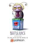  2016 antennae_(anatomy) anthro arthropod beetle beetlejuice_(character) beetlejuice_(movie) blonde_hair cryptid-creations drinking hair humor insect juice_box male necktie pun simple_background solo straw visual_pun white_background yellow_eyes 