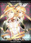  1boy 1girl alternate_eye_color black_sleeves blonde_hair bow breasts brother_and_sister choker cleavage clenched_teeth collarbone detached_sleeves gabiran green_eyes grin hair_bow hairband highres jewelry kagamine_len kagamine_rin necklace print_sleeves red_eyes shirt short_hair siblings sleeveless sleeveless_shirt smile teeth upper_body vocaloid vocaloid_append white_bow white_hairband white_shirt 