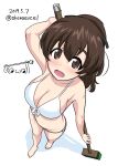  1girl absurdres arm_behind_head artist_logo bangs barefoot bikini blush breasts broom brown_eyes brown_hair cleavage commentary dated excel_(shena) eyebrows_visible_through_hair foreshortening from_above front-tie_bikini front-tie_top frown girls_und_panzer highres holding holding_broom koyama_yuzu looking_at_viewer medium_breasts medium_hair object_behind_back open_mouth shadow short_ponytail side-tie_bikini simple_background solo standing swimsuit twitter_username wavy_mouth white_background white_bikini 