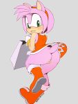  accessory amy_rose blush boots bracelet butt clothed clothing dress eulipotyphlan eyelashes female footwear fur gloves green_eyes hair hair_accessory hairband hedgehog hi_res jewelry kaitou looking_back mammal no_underwear pink_fur pink_hair pussy shopping_bag simple_background solo sonic_(series) thick_thighs 