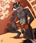  2019 anthro cigarette clothing digital_media_(artwork) fur gothwolf male mammal procyonid raccoon smoking 