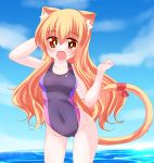  1girl :d animal_ears arm_up bangs bare_arms bare_shoulders blonde_hair blue_sky blush breasts cat_ears cat_girl cat_tail cloud competition_swimsuit covered_navel day eyebrows_visible_through_hair fang groin hair_between_eyes hand_behind_head hand_up highres horizon kanijiru large_breasts long_hair ocean one-piece_swimsuit open_mouth original outdoors purple_swimsuit red_eyes red_ribbon ribbon sky smile solo standing swimsuit tail tail_raised tail_ribbon very_long_hair wading water wavy_hair 