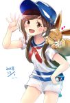  1girl 2018 asymmetrical_hair ayumi_(pokemon) backpack bag bangs baseball_cap blue_headwear blue_sailor_collar brown_eyes brown_hair dated e-co eevee eyebrows_visible_through_hair hat highres holding holding_poke_ball neckerchief poke_ball pokemon pokemon_(game) pokemon_lgpe pokemon_on_shoulder red_neckwear sailor_collar shirt short_hair short_sleeves shorts simple_background sketch solo swept_bangs white_background white_shirt white_shorts 