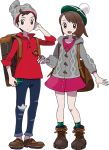  1boy 1girl backpack bag bangs beanie bob_cut boots brown_bag brown_eyes brown_footwear brown_hair cardigan dress female_protagonist_(pokemon_swsh) green_headwear green_legwear grey_cardigan hat holding holding_poke_ball long_sleeves looking_at_viewer male_protagonist_(pokemon_swsh) official_art open_mouth pink_dress poke_ball pokemon pokemon_(game) pokemon_swsh red_shirt shirt short_hair smile tam_o&#039;_shanter 