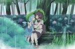  2girls belt bird_wings black_hair black_skirt blue_dress blue_hair blush cirno closed_eyes commentary_request dress ear_blush facing_another flower forest geta grass hat hedge_(plant) holding holding_leaf hydrangea imminent_kiss kototoki_(user_ysym5287) leaf leaf_umbrella leaning_forward log looking_at_another multiple_girls nature neck_ribbon outdoors parted_lips petticoat pinafore_dress pointy_ears profile puffy_short_sleeves puffy_sleeves rain red_footwear red_neckwear ribbon shameimaru_aya shared_umbrella shirt short_hair short_sleeves sideways_mouth skirt socks tengu-geta tokin_hat touhou umbrella untucked_shirt white_legwear white_shirt wings yuri 
