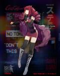  1girl animal_ears bangs black_legwear blush boots breasts cat_ears character_name choker cross-laced_footwear cybernetic_eye dress drill_hair full_body girls_frontline gloves highres holding holding_pipe knee_boots lace-up_boots large_breasts logo long_hair looking_at_viewer open_mouth pipe purple_dress purple_eyes red_eyes red_hair sleeveless sleeveless_dress solo stella_hoshii thighhighs va-11_hall-a 