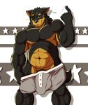  2019 5_fingers abs anthro beard beauceron biceps black_nose black_penis black_skin brown_eyes brown_skin bulge canid canine canis clothed clothing daddy-o doggieo domestic_dog english_text facial_hair herding_dog inviting looking_at_viewer male mammal multicolored_skin muscular muscular_male muscular_thighs one_eye_closed pastoral_dog pecs penis penis_shaped_bulge simple_background smile solo standing text topless two_tone_skin underwear undressing 
