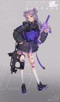  1girl assault_rifle bag belt coat double_bun eyebrows_visible_through_hair eyelashes fingernails full_body grey_background grey_eyes grey_hair gun h&amp;k_g36c hair_bun hair_ribbon hand_on_hip high_collar highres holding holding_weapon hood hood_down imi_uzi knee_pads kneehighs lips long_fingernails long_hair long_sleeves looking_at_viewer love_cacao open_mouth original patch pocket ribbon rifle scope shoes simple_background sneakers solo standing submachine_gun suppressor weapon zipper 