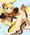  1girl amulet animal_ears asagao_minoru belt_collar between_legs black_bow blonde_hair blue_eyes blush bow bowtie brown_jacket claw_pose collar commentary confetti feet_out_of_frame flag frilled_skirt frills fur-trimmed_jacket fur_trim gloves hair_bow hair_ornament hairclip highres jacket kagamine_rin knees_up looking_at_viewer magical_mirai_(vocaloid) open_mouth short_hair sitting skirt socks solo tail tail_between_legs thighs vocaloid white_bow 