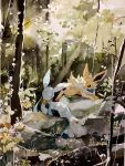  absurdres black_eyes closed_mouth commentary_request day glaceon highres jolteon kamonabe_(kamonabeekon) light_rays lying no_humans on_stomach outdoors painting_(medium) pokemon pokemon_(creature) rock smile traditional_media tree watercolor_(medium) 