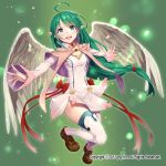  1girl 2017 :d ahoge blue_eyes bow breasts brown_footwear capelet dress eyebrows_visible_through_hair feathered_wings floating_hair gabiran green_background green_hair loafers long_hair long_sleeves open_mouth outstretched_arms outstretched_hand pointy_ears red_bow revolve shiny shiny_hair shoes short_dress small_breasts smile solo thighhighs very_long_hair white_dress white_legwear white_wings wings 