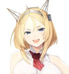  alternate_hair_length alternate_hairstyle blonde_hair blue_eyes breasts commentary_request flower forehead headgear kantai_collection large_breasts meth_(emethmeth) neckwear nelson_(kantai_collection) open_mouth short_hair short_hair_with_long_locks sleeveless smile 