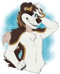  2016 5_fingers anthro black_lips blue_eyes brown_fur brown_nose canid canine canis citrinelle digital_media_(artwork) domestic_dog fur husky male mammal nordic_sled_dog simple_background smile solo spitz teeth white_fur 