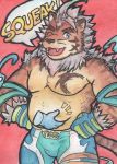  2019 anthro belly bottomwear clothing english_text felid felixleong hombretigre humanoid_hands male mammal moobs one_eye_closed overweight overweight_male pantherine red_background shorts simple_background solo text tiger tokyo_afterschool_summoners video_games wink 