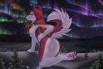  2018 anthro anthrofied aurora_borealis balto_(film) bandanna breasts butt canid canine canis detailed_background domestic_dog featureless_breasts featureless_crotch female fluff-kevlar foliage fur half-closed_eyes hand_on_hip hi_res husky jenna_(balto) landscape looking_at_viewer looking_back mammal night_sky nordic_sled_dog pawpads raised_tail red_fur smile snow solo spitz star white_fur 