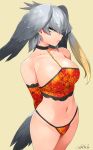  1girl arm_cuffs arms_behind_back bangs bird_tail breasts choker cleavage closed_mouth collarbone commentary_request cowboy_shot dated eyebrows_visible_through_hair eyes_visible_through_hair frown gloves green_eyes grey_hair happa_(cloverppd) head_wings kemono_friends large_breasts navel red_gloves sanpaku shoebill_(kemono_friends) signature simple_background single_sidelock solo tail thong_panties tsurime underwear underwear_only yellow_background 