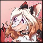  anthro breasts bust_portrait canid canine collar datkitsu female hair mammal multicolored_hair open_mouth pawpads paws portrait smile solo transformation two_tone_hair wuffkitty 