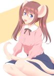  abstract_background anthro bottomwear brown_hair clothed clothing female hair holding_tail kemono light_skin long_hair mammal murid murine open_mouth pigtails pink_nose purple_eyes rat rodent rodent_tail roina rosy_cheeks sitting skirt smile snout solo tan_skin tongue 