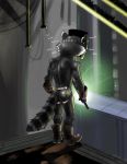  2019 anthro boots butt clothed clothing cybernetics digital_media_(artwork) footwear fur gloves guardians_of_the_galaxy holding_object jockstrap machine male mammal marvel mask procyonid raccoon rocket_raccoon slim solo text tools tush underwear working 
