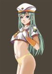  1girl alice_carroll aqua_hair aria blue_eyes breasts brown_background cowboy_shot crop_top fingerless_gloves gloves hair_between_eyes hat kalash_(1129573) long_hair looking_at_viewer navel panties parted_lips shiny shiny_hair shirt short_sleeves simple_background small_breasts solo standing underboob underwear very_long_hair white_headwear white_shirt yellow_gloves yellow_panties 