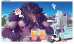 ! &lt;3 ? abs alcohol anthro beverage canid canine canis clothed clothing cocktail fangs felid fur hi_res lion male male/male mammal muscular pantherine pecs purple_fur swimming swimming_pool topless troxo water whiteleonard wolf 