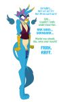  angry anthro anthrofied avian blue_eyes blush bow clenched_teeth clothed clothing crossdressing dialogue english_text friendship_is_magic gallus_(mlp) gryphon hi_res jrvanesbroek male my_little_pony penis pose solo standing teeth text wings 