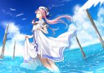  1girl aria bird blue_ribbon blue_sky closed_eyes cloud day dress hat hat_ribbon highres long_dress long_hair mamo_(fortune-mm) mizunashi_akari ocean outdoors pink_hair profile ribbon shirt short_sleeves skirt_hold sky smile soaking_feet solo sparkle white_dress white_headwear white_shirt 