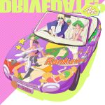  1boy ahoge ass bare_arms bespectacled bikini_top blonde_hair blush breasts brera_sterne car character_name driving embarrassed from_behind glasses gloves green_hair ground_vehicle hardhat helmet itasha macross macross_frontier macross_frontier:_sayonara_no_tsubasa midriff motor_vehicle ranka_lee red_eyes short_hair small_breasts spaghetti_strap sunglasses tori_(fbreran) white_gloves 