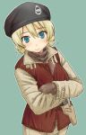  1girl alternate_costume bangs beret black_headwear blonde_hair blue_eyes blush braid brown_gloves brown_jacket brown_shirt commentary_request crossed_arms darjeeling eyebrows_visible_through_hair girls_und_panzer gloves green_background gun handgun hat holster insignia jacket long_sleeves looking_at_viewer lowres military military_hat military_uniform shirt short_hair simple_background solo standing tied_hair turtleneck twin_braids uniform uona_telepin uppi weapon 