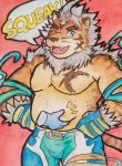  2019 anthro belly bottomwear clothing english_text felid felixleong hombretigre humanoid_hands male mammal moobs one_eye_closed overweight overweight_male pantherine red_background shorts simple_background solo text tiger tokyo_afterschool_summoners video_games wink 