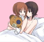  2girls bandages bandaid bangs boko_(girls_und_panzer) brown_eyes brown_hair closed_mouth eyebrows_visible_through_hair frown girls_und_panzer holding holding_stuffed_animal incest looking_at_another looking_back multiple_girls mutsu_(layergreen) nishizumi_maho nishizumi_miho nude open_mouth pillow pink_background short_hair siblings sisters sitting sitting_on_person smile stuffed_animal stuffed_toy sweatdrop under_covers yuri 