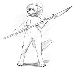  2019 absurd_res alon alonwoof anthro bare_sands barefoot blue_hair breasts canid canine canis casual_nudity collar collar_only digital_media_(artwork) female fluffy fluffy_tail fur hair hi_res looking_at_viewer mammal melee_weapon naginata nipples nude polearm pussy simple_background slightly_chubby solo the-minuscule-task thick_thighs video_games weapon white_fur wolf 