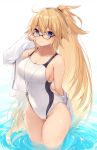  1girl bangs bare_shoulders black-framed_eyewear blonde_hair blue_eyes blush breasts cleavage closed_mouth collarbone commentary competition_swimsuit fate/grand_order fate_(series) glasses hair_between_eyes hand_up highres jacket jeanne_d&#039;arc_(fate)_(all) jeanne_d&#039;arc_(swimsuit_archer) large_breasts long_hair long_sleeves looking_at_viewer looking_over_eyewear muryotaro off_shoulder one-piece_swimsuit ponytail revision smile solo standing swimsuit thighs very_long_hair wading water whistle white_background white_jacket white_swimsuit 