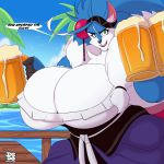  alcohol beach beer beverage big_breasts breasts canid canine canis dialogue female huge_breasts jug lionalliance mammal ryka seaside solo wolf 