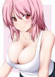  1girl bangs bare_arms bare_shoulders blush border breasts cleavage collarbone commentary_request covered_nipples eyebrows_visible_through_hair hair_between_eyes highres large_breasts looking_at_viewer no_hat no_headwear nori_tamago outside_border pink_background pink_hair red_eyes saigyouji_yuyuko short_hair simple_background smile solo sweat tank_top touhou upper_body white_border white_tank_top 