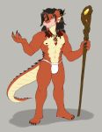  anthro bulge clothing cosmicminerals dragon hair horn male muscular muscular_male nipples solo staff standing underwear 