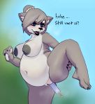  2019 anthro belly breasts canid canine dialogue english_text female fur gigawix hair mammal masturbation nipples nude object_insertion open_mouth outside overweight penetration pussy smile solo text thick_thighs 