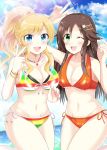  :d bare_shoulders bikini blue_bikini blue_eyes blush breasts cleavage cloud cloudy_sky collarbone commentary_request day easyfunkycrazy eyebrows_visible_through_hair green_bikini green_eyes highres himekawa_yuki idolmaster idolmaster_cinderella_girls jewelry large_breasts long_hair looking_at_viewer multicolored multicolored_bikini multicolored_clothes nail_polish navel necklace one_eye_closed ootsuki_yui open_mouth orange_bikini pink_nails red_bikini sky smile sunlight swimsuit teeth thighs water white_bikini wristband yellow_bikini 