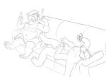  4_arms ? alcohol anthro badger beer beverage borges_(aoba) bulge canid canine canis confusion coyote davecko duo line_art lying male mammal multi_arm multi_limb multi_pec multifur mustelid musteline mutation nude potion simple_background slightly_chubby sofa surprise transformation white_background 