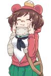  1girl :t akiyama_yukari bandages bandaid blush brown_hair closed_eyes crutch eyebrows_visible_through_hair girls_und_panzer green_skirt head_bump hood hoodie long_sleeves monolith_(suibou_souko) neck_brace neckerchief ooarai_school_uniform pleated_skirt sailor_collar school_uniform short_hair skirt solo sweatdrop unzipped white_background 