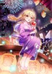  1girl :o ahoge bang_dream! bangs blonde_hair blurry blush bokeh candy_apple commentary_request depth_of_field fan festival fireworks floral_print flower food hair_flower hair_ornament highres holding holding_food ichigaya_arisa japanese_clothes kimono lantern long_hair long_sleeves looking_at_viewer majiang night outdoors paper_fan paper_lantern purple_kimono sandals sitting solo stairs toes torii twintails uchiwa wide_sleeves x_hair_ornament yellow_eyes 