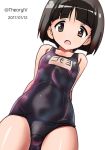  1girl :o aegis_(nerocc) arms_behind_back bangs black_eyes black_hair blue_swimsuit blunt_bangs bob_cut character_name commentary crotch_seam dated dutch_angle eyebrows_visible_through_hair girls_und_panzer gotou_moyoko looking_at_viewer looking_down name_tag one-piece_swimsuit open_mouth school_swimsuit short_hair solo standing swimsuit twitter_username 