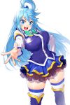  1girl absurdres aqua_(konosuba) bare_shoulders blue_eyes blue_footwear blue_hair blue_legwear blush boots bow breasts commentary_request detached_sleeves eyebrows_visible_through_hair green_bow hair_between_eyes hair_ornament hair_rings highres kono_subarashii_sekai_ni_shukufuku_wo! large_breasts long_hair looking_at_viewer no_panties onsoku_maru open_mouth see-through simple_background skirt solo thigh_boots thighhighs thighhighs_under_boots very_long_hair white_background white_legwear white_sleeves zettai_ryouiki 