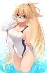  1girl bangs bare_shoulders black-framed_eyewear blonde_hair blue_eyes blush breasts cleavage closed_mouth collarbone commentary_request competition_swimsuit fate/grand_order fate_(series) glasses hair_between_eyes hand_up highres jacket jeanne_d&#039;arc_(fate)_(all) jeanne_d&#039;arc_(swimsuit_archer) large_breasts long_hair long_sleeves looking_at_viewer looking_over_eyewear muryotaro off_shoulder one-piece_swimsuit ponytail smile solo standing swimsuit thighs very_long_hair wading water whistle white_background white_jacket white_swimsuit 
