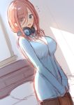  1girl :o bangs bed bed_sheet bedroom blue_cardigan blue_eyes blush breasts brown_hair building cardigan cleavage collared_shirt eyebrows_visible_through_hair go-toubun_no_hanayome hair_between_eyes headphones headphones_around_neck house indoors kakaon large_breasts long_sleeves looking_at_viewer medium_hair nakano_miku open_mouth pantyhose parted_lips pillow shirt solo standing surprised white_shirt wide-eyed window 