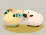  blush closed_eyes closed_mouth from_side full_body gen_2_pokemon gen_8_pokemon grass happy highres horns light_blush mareep no_humans noses_touching pokemon pokemon_(creature) profile sheep simple_background smile standing wonderarium wooloo 