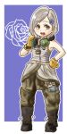  1girl boots breasts brown_eyes clothes_around_waist commentary_request flower gloves hair_ornament hairclip headset medium_hair metal_gear_(series) metal_gear_rising:_revengeance name_tag rountain silver_hair solo sunny_gurlukovich tank_top 